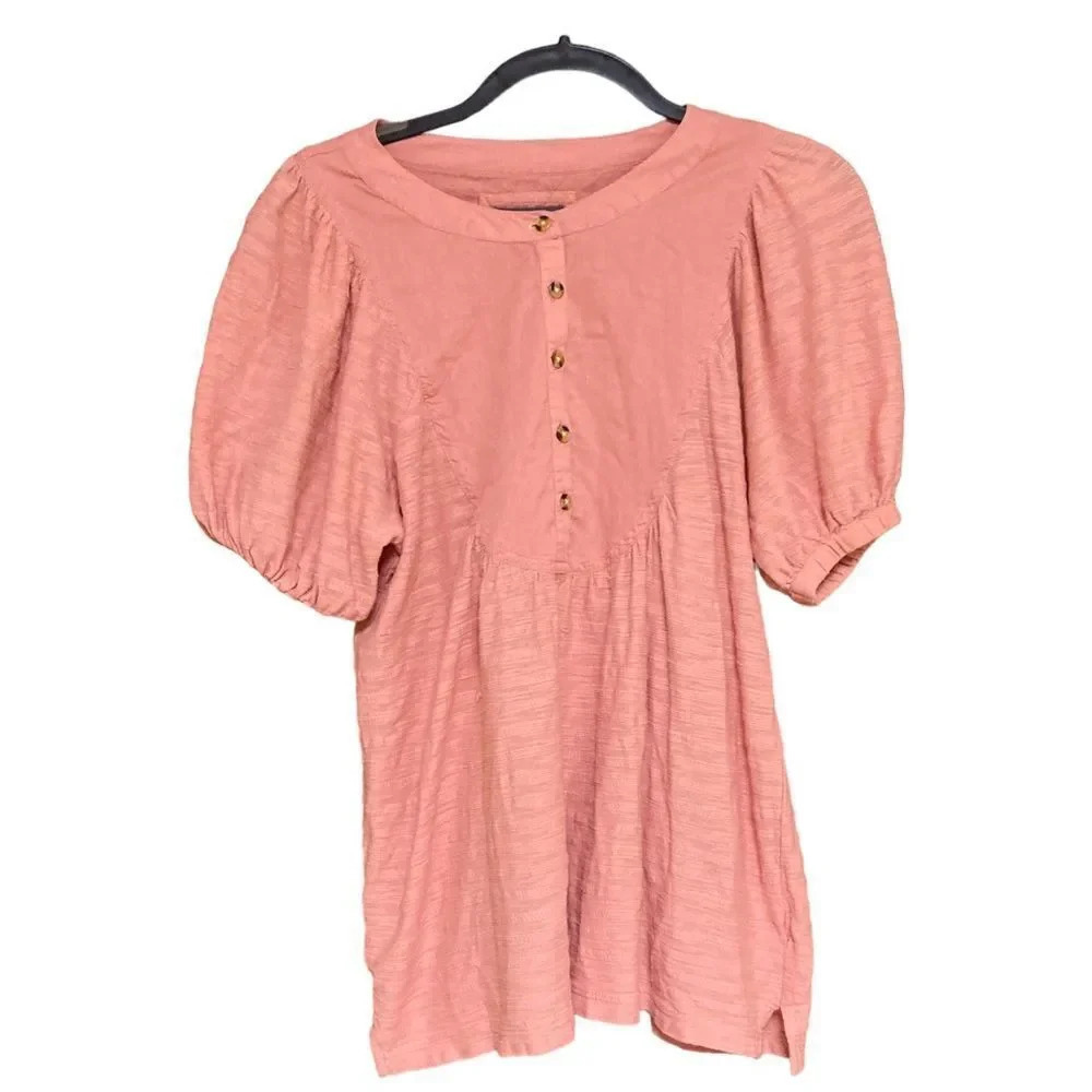 ANTHROPOLOGIE Elinor Textured Top Size Small Pink Puff Sleeve